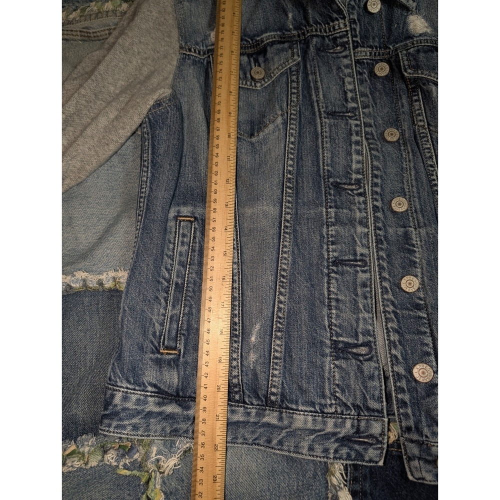 Express Jeans Denim Jacket Hoodie Womens Medium Blue Trucker Distressed Biker - Picture 3 of 6